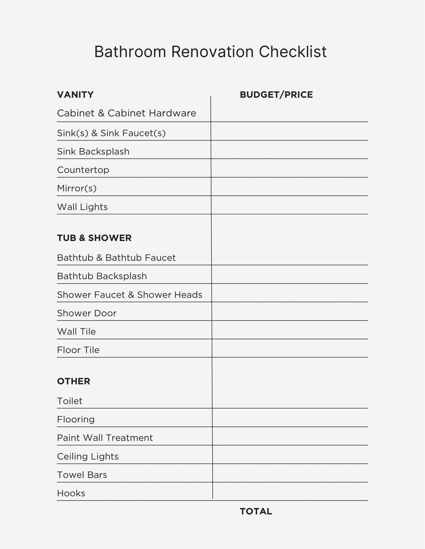 Bathroom Renovation Checklist